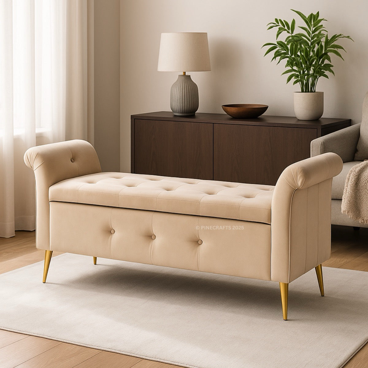Beige tufted bench in a living room setting with a lamp and plant.